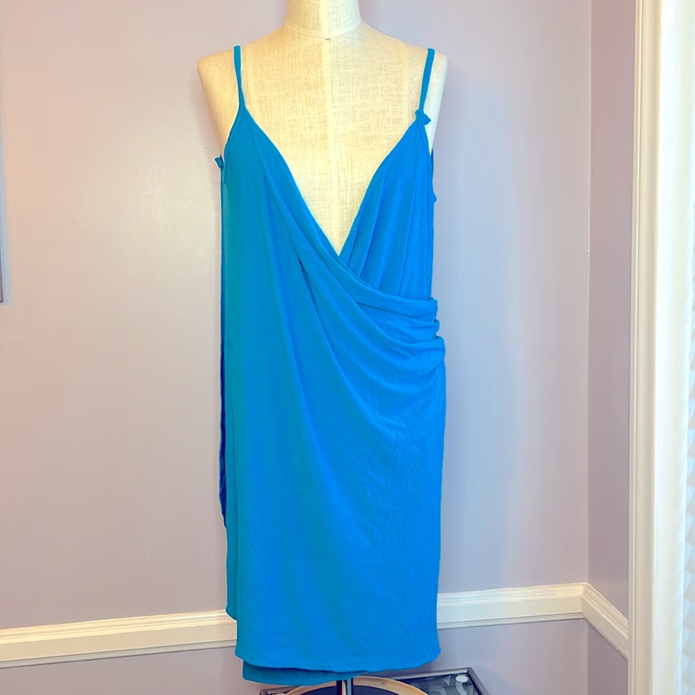 Turquoise deep V neck sexy spaghetti strap wrap draped backless swimsuit coverup - Picture 8 of 11